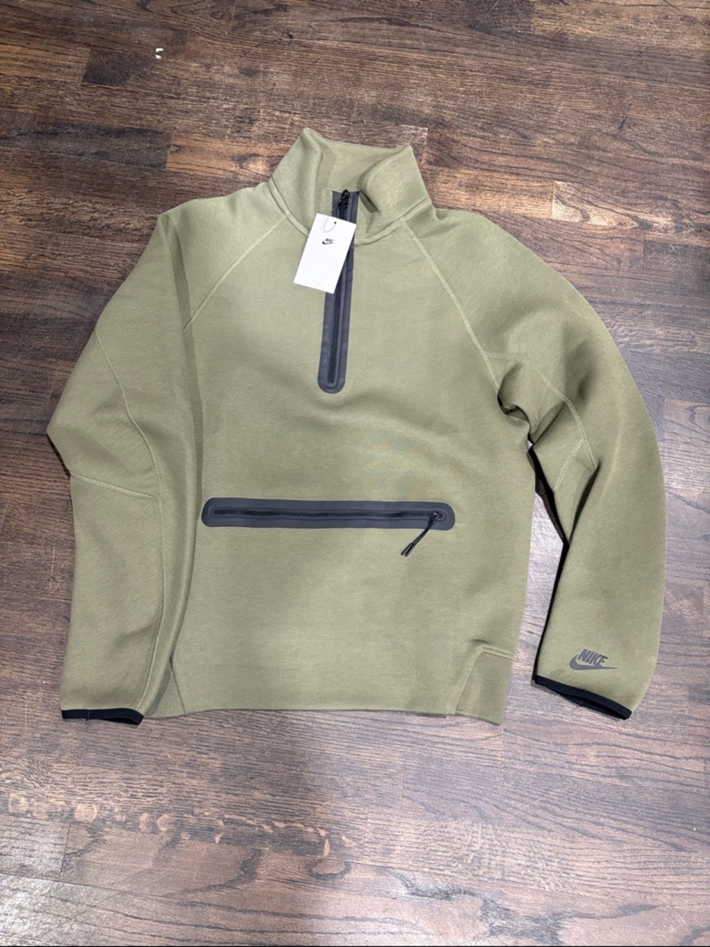 Nike Tech Olive Green Quarter-Zip Pullover with Black Zippers